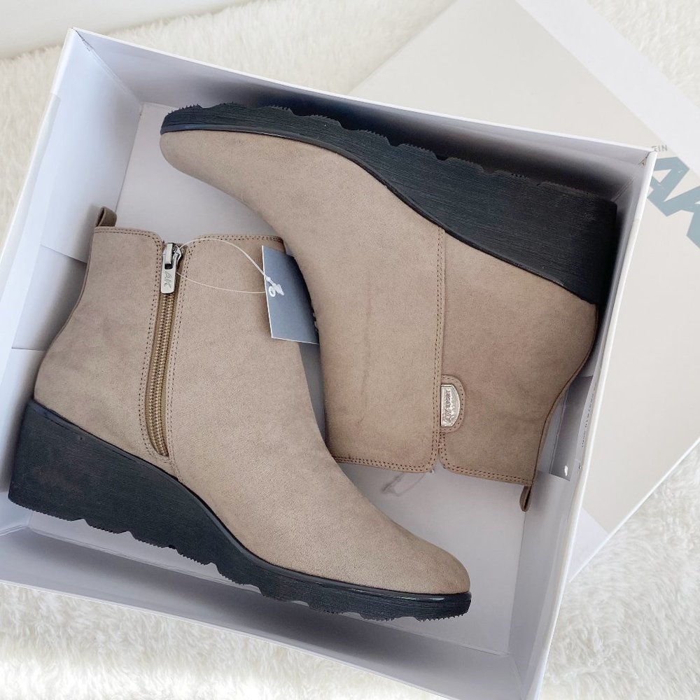 AK Sport, Women's Anne Klein AKBaron Wedge Heel Bootie Taupe Fabric Size 8M